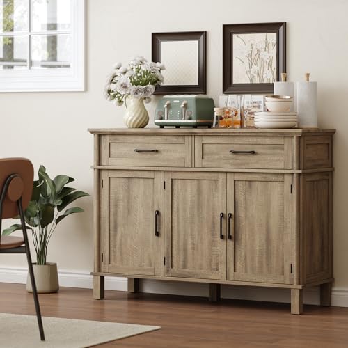 Image of ONBRILL 48 Inch Buffet Cabinet with Storage, Farmhouse Sideboard Buffet w /2 Drawers and 3 Doors, Coffee Bar Cabinet with Adjustable Shelves, Sideboard Storage for Kitchen, Living Room, Washed Grey
