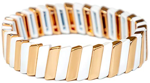 White & Gold Tile Bracelets | Enamel Bracelets for Women Stackable | Bracelets for Women|Tile Bracelet Stretchy | Bangle Bracelets for Women | Fashion Bracelets with Stretchy Elastic Interior