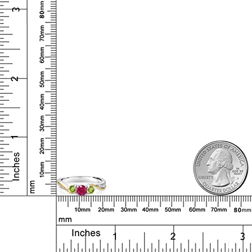 925 Sterling Silver and 10K Yellow Gold Red Ruby Green Peridot and White Lab Grown Diamond 3 Stone Engagement Ring For Women (0.62 Cttw, Gemstone July Birthstone, Available In Size 5, 6, 7, 8, 9)3