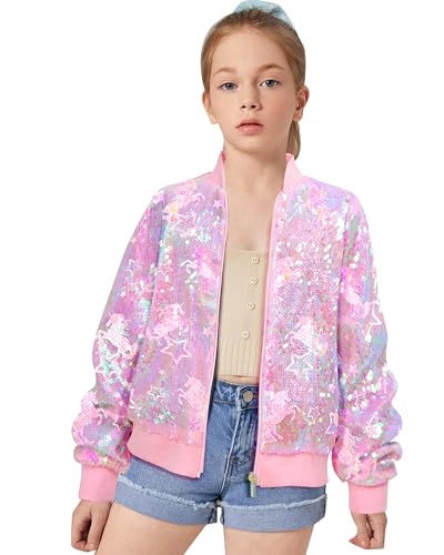Girls Sequin Bomber Jacket Zip Up Coats Glitter Outerwear Jackets For Girl Kids Birthday Concert Varsity Jacket 4-9Y4