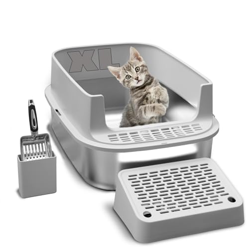 Image of Stainless Steel Cat Litter with Lid, XL Extra Large Enclosed Cat Litter Box for Big Cats, High Sides Metal Litter Box, Anti Leakage,Odor-Free & Easy Cleaning,Include Scoop & Foot Board