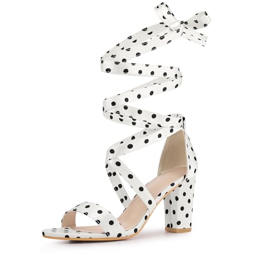 Allegra K Allegra K Women's Polka Dots Strappy Heels Lace Up White Chunky Heels Sandals 6 M US