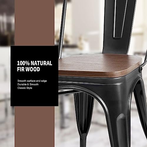 Furniwell Metal Dining Chairs with Wood Seat, Indoor Outdoor Use Stackable Tolix Industrial Metal Chairs Set of 4 for Kitchen, Dining Room, Bistro and Cafe (Black)