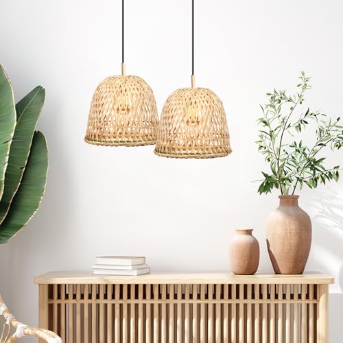 Image of Beavorty Rattan Lamp Shade 2 Pcs Wicker Lamp Shade Bamboo Woven Chandelier Lampshade Rattan Pendant Light for Ceiling Pendant Floor Khaki Japanese Decor