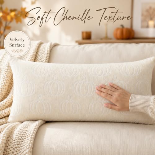 Image of Fall Pillow Covers 14x36,Soft Chenille Double-Sided Pumpkin & Plaid, Thick & Cozy Farmhouse Autumn Decorative Cushion Covers for Couch Sofa Bed(Beige,14x36)