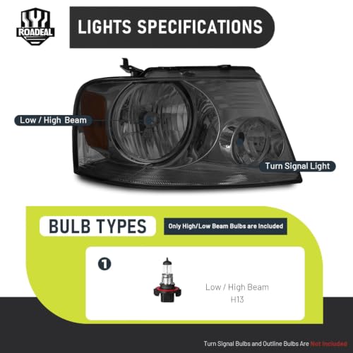 Image of Headlights for 2004-2008 Ford F150 /2006-2008 Lincoln Mark LT | Halogen Headlamp Replacement with High Low Beam Bulbs, Smoke Housing, Driver & Passenger Side