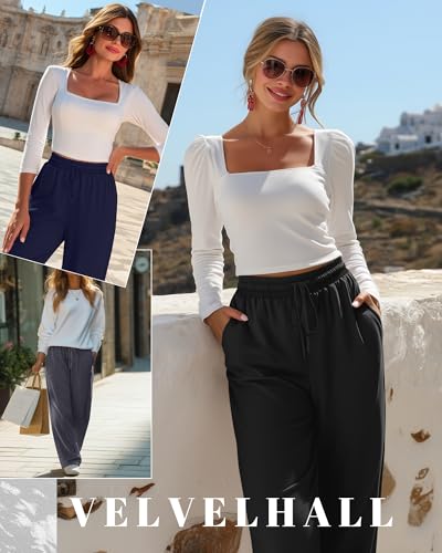 3 Pack Women's Wide Leg Pants, Casual Flowy Drawstring Trousers Elastic High Waisted Palazzo Pants with Pockets4