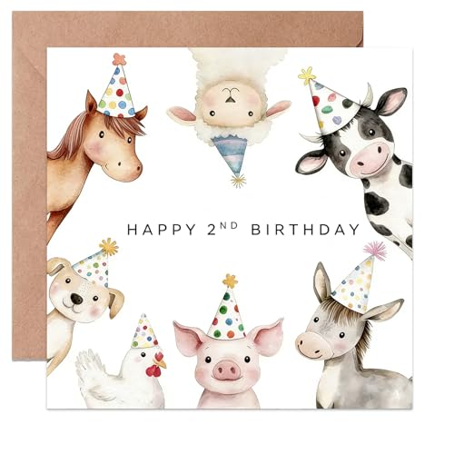 Birthday Card for 2 Year Old Farm Animals Design Happy 2nd Birthday Card for Boy Girl Blank Inside with Envelope (2nd)