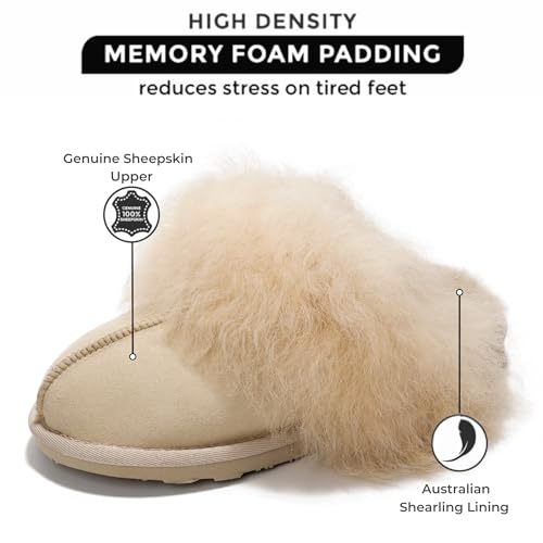 Project Cloud 100% Australian Sheepskin Scuff Slippers for Women - Genuine Shearling Memory Foam Slides for Women mules for women - Non-Slip Womens slippers - Christmas Slippers (RYANN, BEIG, 5.5)2