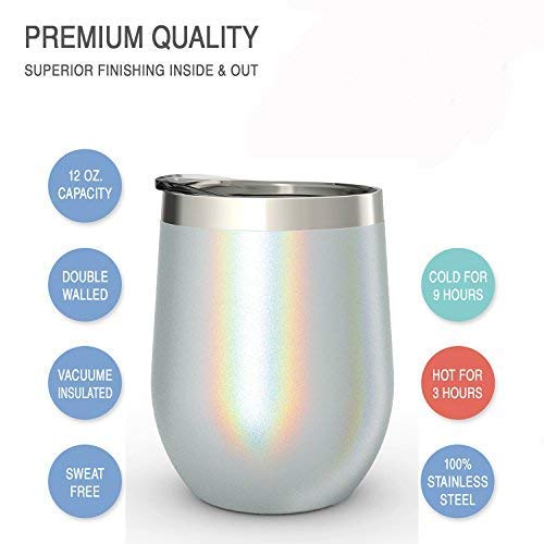 Chillout Life 12 Oz Stainless Steel Tumbler With Lid & Gift Box - Wine Tumbler Double Wall Vacuum Insulated Travel Tumbler Cup For Coffee, Wine, Cocktails, Ice Cream - Holographic Sparkle #TOP3