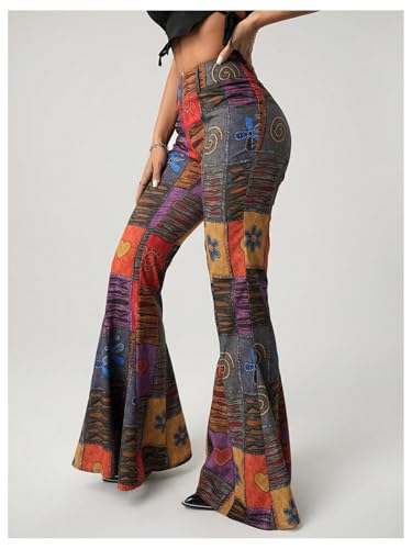 SOLY HUX Women's Retro Bell Bottom Pants High Waisted Printed Skinny Flare Leg Trousers2