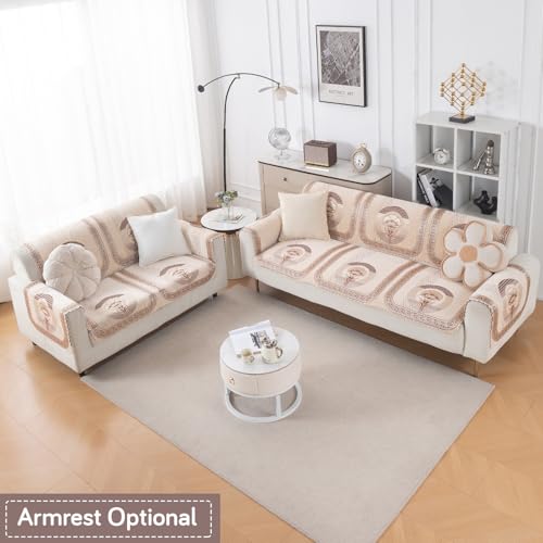 Image of HOKIPO Noor Beige Premium Chenille Jacquard Sofa Cover 5 Seater - (3+2) for Seat & Back | 'Royal Aangan Series' (IN-1008-L4*2 + IN-1007-L4*2)