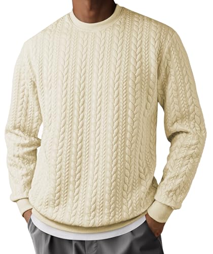 JMIERR Mens Fall Sweaters Fashion Sweatshirts Long Sleeve Lightweight Shirt Texture Crewneck Pullover Clothes, XL, Beige