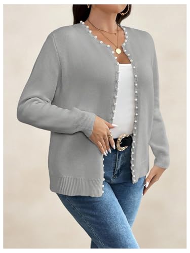 Image of BEAUDRM Women's Plus Size Pearls Beaded Cardigan Open Front Long Sleeve Casual Sweater Top