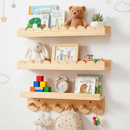 Nursery Book Shelves Set of 3 40CM Baby Floating Book Shelves with Round Hooks Solid Wood Scalloped Wall Mounted Bookshelves Hanging Nursery Furniture for Kids Bedroom Living Room Nursery Decor