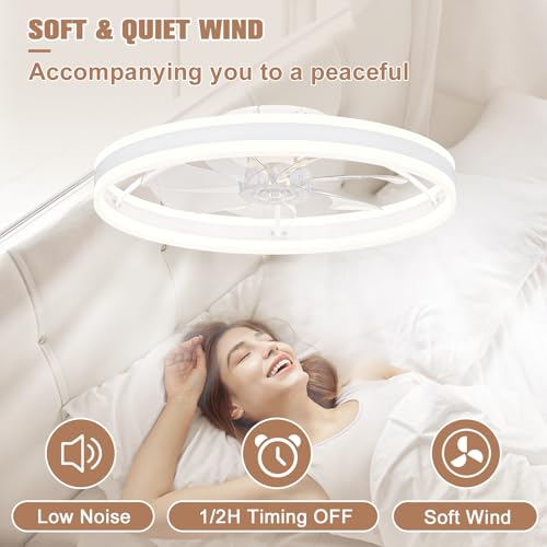 Image of VOLISUN Low Profile Ceiling Fans with Lights and Remote, 23.6in Flush Mount Ceiling Fans with Light, 3000K-6500K Dimmable Fandelier LED Fan Light, White Bladeless Ceiling Fans with Lights for Bedroom