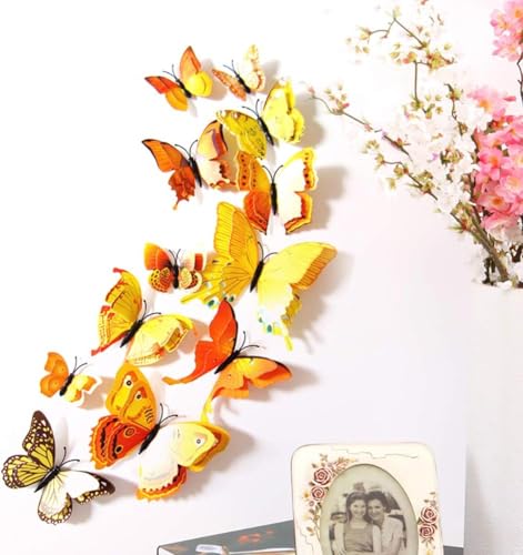 Art Street 3D Magnetic Butterfly Stickers for Wall & Refrigerator, Multi Size Butterfly Decoration Items, Wall Decor Butterflies Comes with Magnet and Gumming Cubes for Hanging(Yellow, Set of 12)