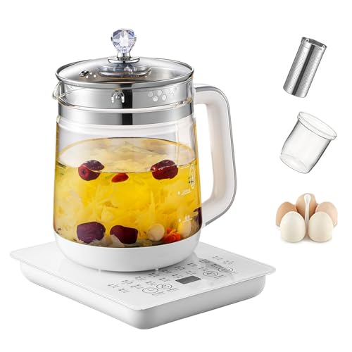 FYDN ティーポット 急須 養生ポット 電気ケトル 1.8L大容量 温度調節・自動保温・予約機能 空焚き防止 静音 急速沸騰 ーヒー おかゆ お茶 粉乳 お湯 自宅 オフィス 一人暮らし ギフトに最適 (ホワイト,+茶こし+シチュー鍋+蒸し卵ラック)