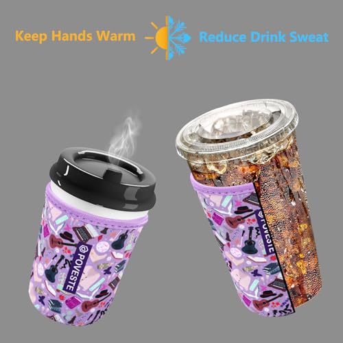 Image of Reusable Neoprene Insulator Sleeve for Iced Coffee & Cold Soda, Coffee Sleeves for Iced & Hot Drinks, Cold Beverage Cooler Compatible with Starbucks, Dunkin (On Tour Purple, Medium: 22-24oz)