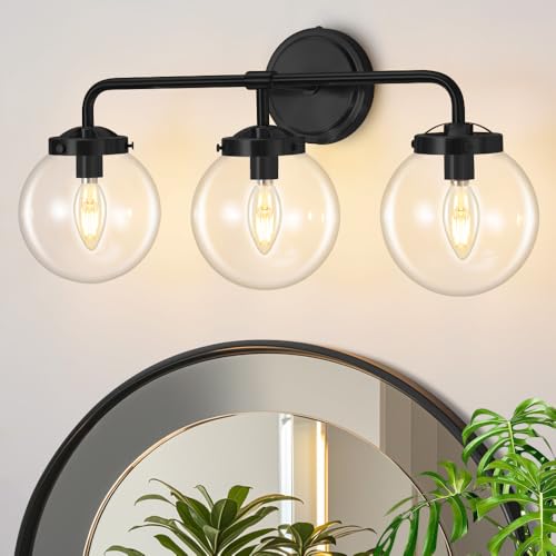 Image of Bathroom Vanity Light Fixtures Over Mirror, 22.4'' Modern Matte 3 Lights Wall Sconce Lighting with Transparent Glass Ball Shade, Mid Century Farmhouse Vanity Lights (Black)