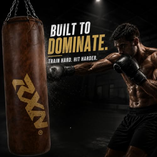 Image of RXN Powerstrike Boxing Punching Bag (Brown, 90 CM) | Synthetic Leather | Pre-Filled | Heavy-Duty Build | 4-Way Chain Included | Boxing, MMA & Kickboxing Training