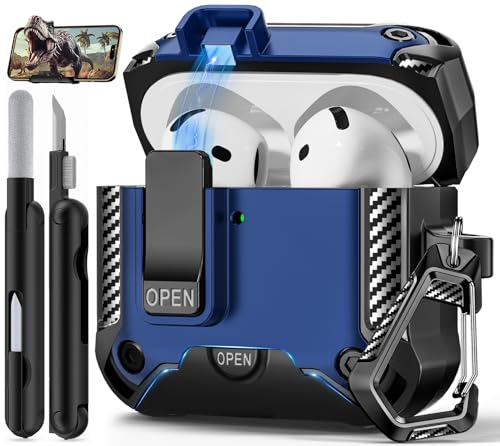 Image of for AirPods 4 Case with Lock & Phone Stand(Blue) | Automatic Snap Switch Lock,Carbon Fiber Texture Design Cover with Cleaner Kit