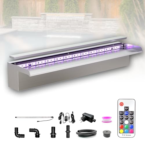 Longrun Kit de Cascada de Piscina de 60 cm, Fuente de Estanque de Acero Inoxidable 304, con luz LED RGB, Ancho 15 cm