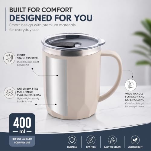 Image of MAGIC SPOON Stainless Steel Travel Coffee Mug with Sipper Lid & Handle, Insulated Tea Cup, BPA-Free Double Wall Tumbler for Hot-Cold Beverages, Office, Home, Car- BEIGE-BROWN, (Combo Pack (400ml X 2))