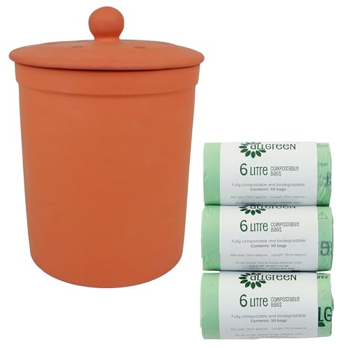 Terracotta Ceramic Kitchen Compost Caddy & 150x All-Green Compostable Bags - Chetnole ceramic composting Bin for Food Waste Recycling