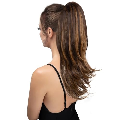 Coleta de caballo multicapa ondulada de 22 pulgadas para clips, postizo sintético natural suave para el uso diario (Iced Mocha)