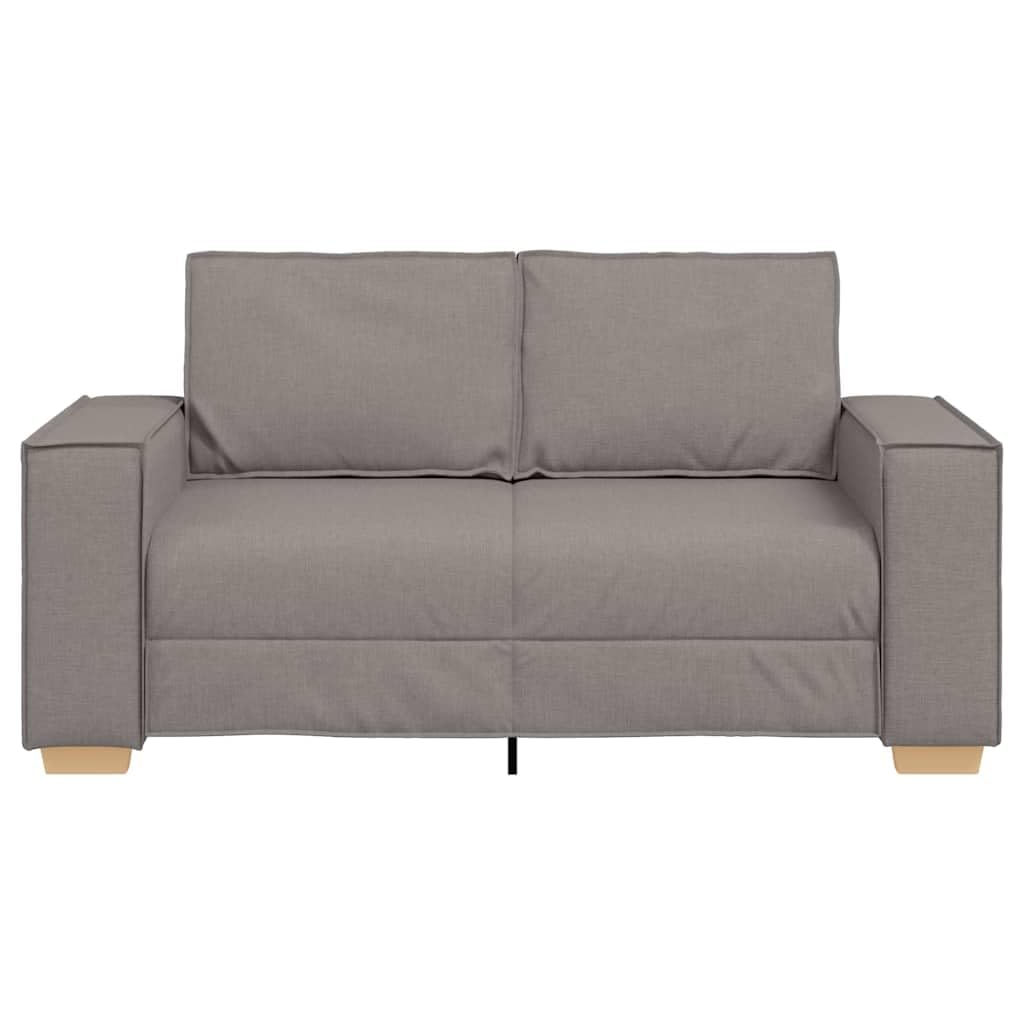 Sofa 2-osobowa w kolorze szarobrązowym (taupe), obicie z poliestru, drewniana rama metalowa, szerokie podłokietniki do salonu, wytrzymała i wygodna
