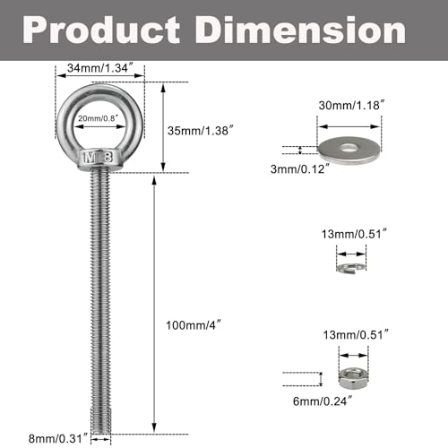 Image of M8 Long Stainless Steel Eye Bolts with Nuts 4 Pack, M8 x 100mm (5 /16 inch x 4 inch) Shoulder Lifting Eye Bolt for Swing Board, Heavy Duty Threaded Ring Screw Eyebolts Kits for Tie Down Outdoor