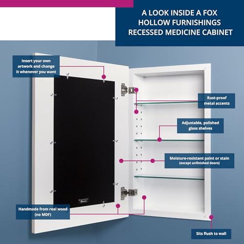 Image of 14x24 Concealed Picture Frame Medicine Cabinet Without Mirror for Bathroom, Recessed in The Wall, Made in North America, Real Wood, NO MDF, Adjustable Shelves, Shaker White