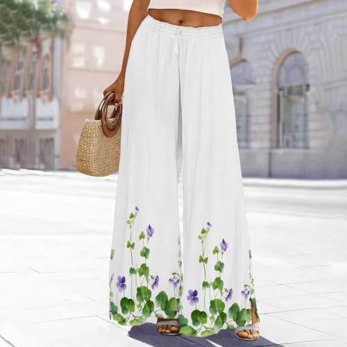 Womens Floral Print High Waist Wide Leg Pants Casual Baggy Plus Size Drawstring Side Split Trousers with Pockets2