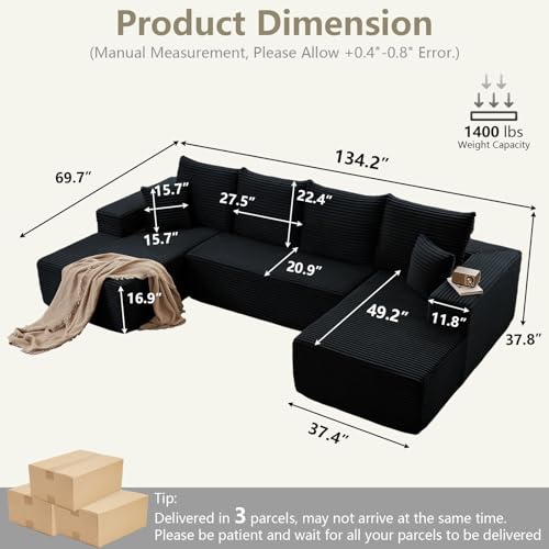 Image of Sectional Cloud Couch for Living Room, Stupendous U Shaped Sofas, Modular Floor Deep-Seat Sofa, Big Comfy Corduroy Couches Set with Fluffy Memory Foam, No Assembly Required, Black