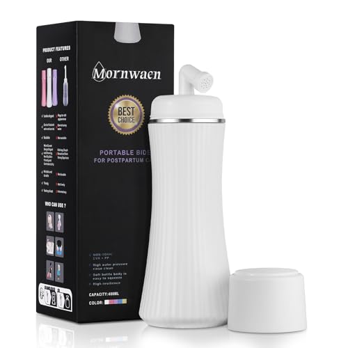 Mornwaen Peri Bottle Bidet portable de 400 ml avec pulvérisateur extensible pour voyage et camping, 3 joints étanches, essentiels post-partum pour maman (blanc)