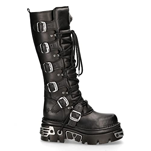 New Rock Men's 272-S1 Metallic Black Leather Gothic Emo Knee High Boots with Lace and Buckle Fastening3