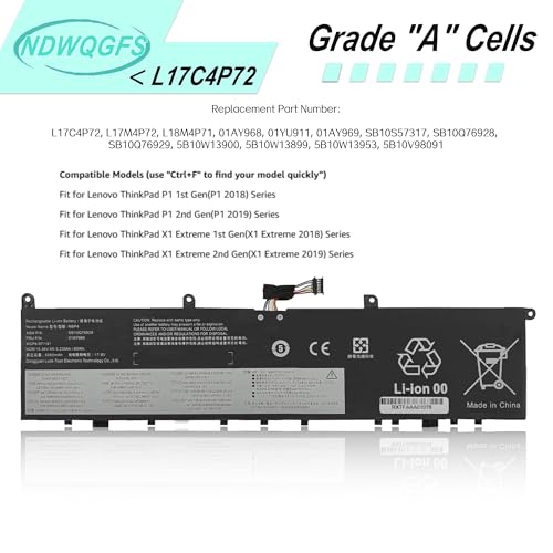 Image of L17C4P72 Laptop Battery Replacement for Lenovo ThinkPad X1 Extreme 1st /2nd Gen & ThinkPad P1 1st Gen /P1 Gen 2 | 15.36V 80WH | Compatible with L17M4P72, 01AY968, SB10Q76928