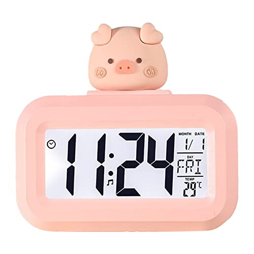 Cocoarm Lindo Reloj Electrónico, Diseño de Dibujos Animados, Reloj Despertador Digital LED con Calendario, Pantalla de Temperatura para Habitación de Niños (Cerdito Rosa)