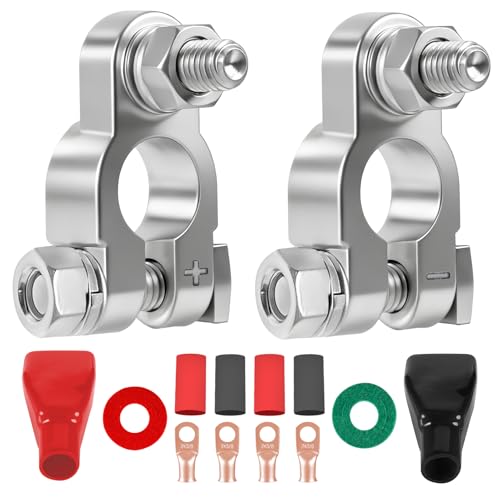 DLronwey Battery Terminal Connectors,Military Spec Positive Negative Heavy Duty Battery Terminals with 4 pcs 2 Gauge 3/8' Copper Lugs,4 Heatshrink,2 Cover and Anti Corrosion Washers,14pcs