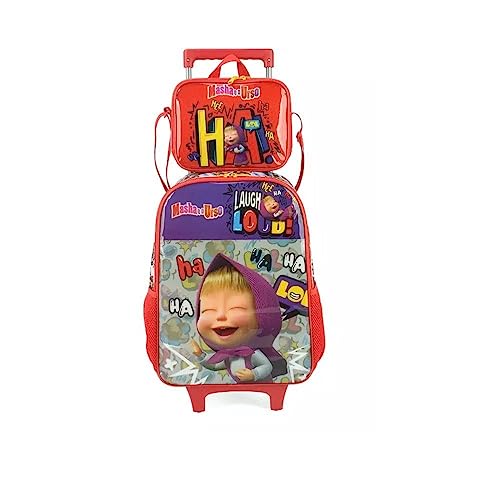 Kit Mochila Carrinho Luxcel Masha E Urso + Lancheira Vermelha
