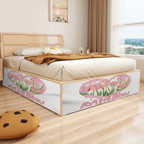 Treer Faldones de Cama Decoración, Estampados Lindos Cubre Canape Falda de Cama 90/105/150, Falda con Autoadhesivo y Cinta de Gancho Cubre y Protege la Base (Tulipanes Rosas,160An x Al30 cm)
