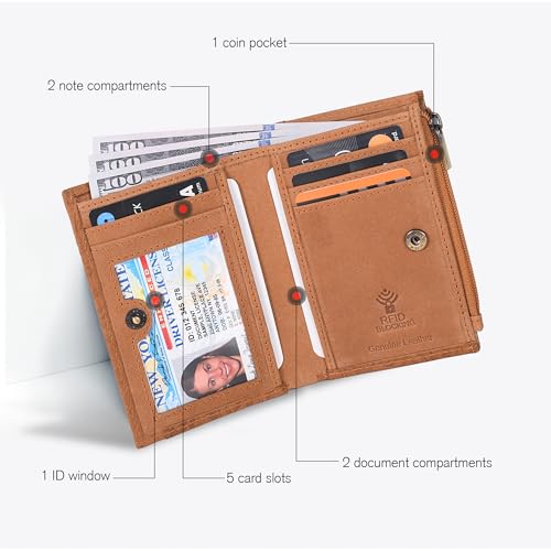 Image of Oak Leathers Leather Wallet For Women - Small RFID Coin Purse Credit Card & ID Holder for Ladies, Gift for Women's, Bifold Wallets (Crazy Horse Cognac)