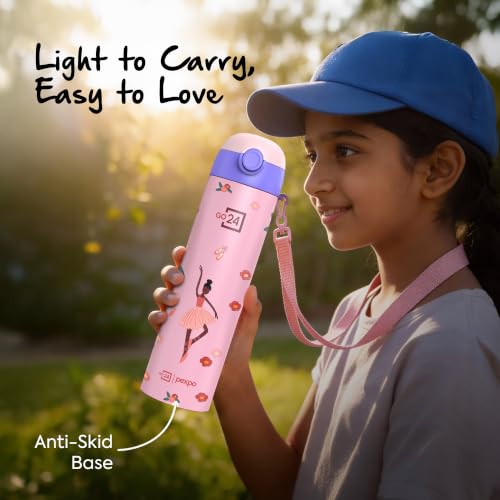 Image of Go24 pexpo Sporty ISI Certified Stainless Steel Water Bottle For School Kids - 700ml | 6+ Years | Sipper Cap | Leakproof & BPA Free | Picnic, Travel, Sport - Pink Dancing Girl UV Print