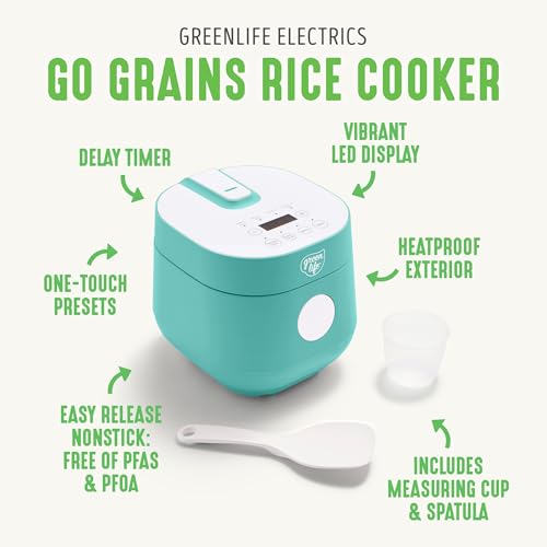 image for GreenLife Digital Rice Cooker, 2-Cups Uncooked/4-Cups Cooked, Removabl
