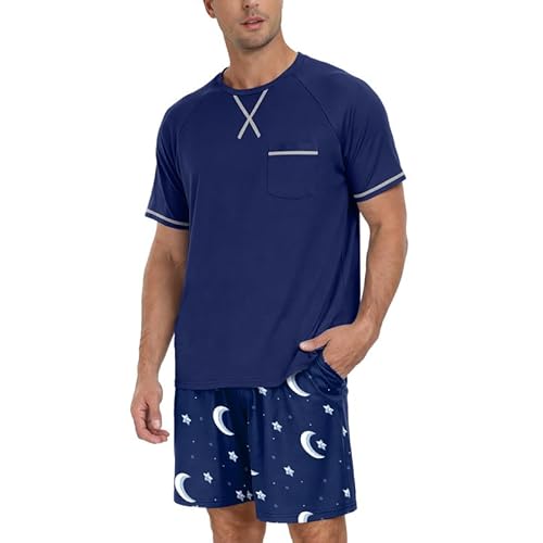 Marvmys Mens Pajama Set Cotton Summer Pjs Short Sleeve Sleepwear Lightweight Pajamas 2 Pieces Loungewear with Pockets S-2XL Small B-blue Star