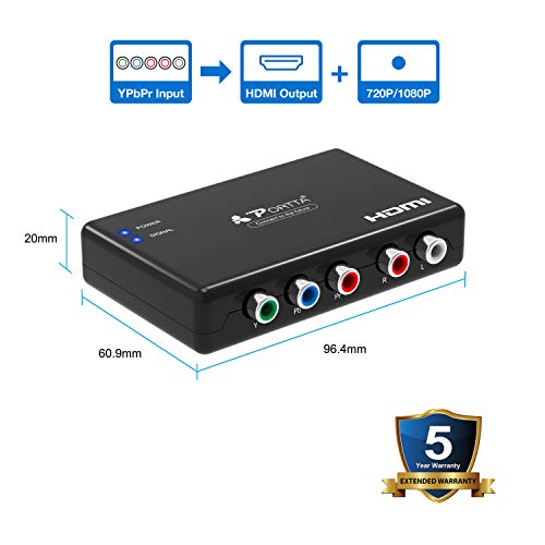 PORTTA Component to HDMI Converter with Scaler 1080p 720p, YPbPr + R/L Audio to HDMI Adapter, 5 RCA RGB to HDMI Video Converter for PS2 PS3 PSP DVD Wii Xbox 360