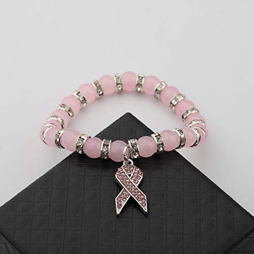 CENWA Breast Cancer Awareness Bracelet Pink Rhinestone Ribbon Charm Beads Bracelet Breast Cancer Support Gift4