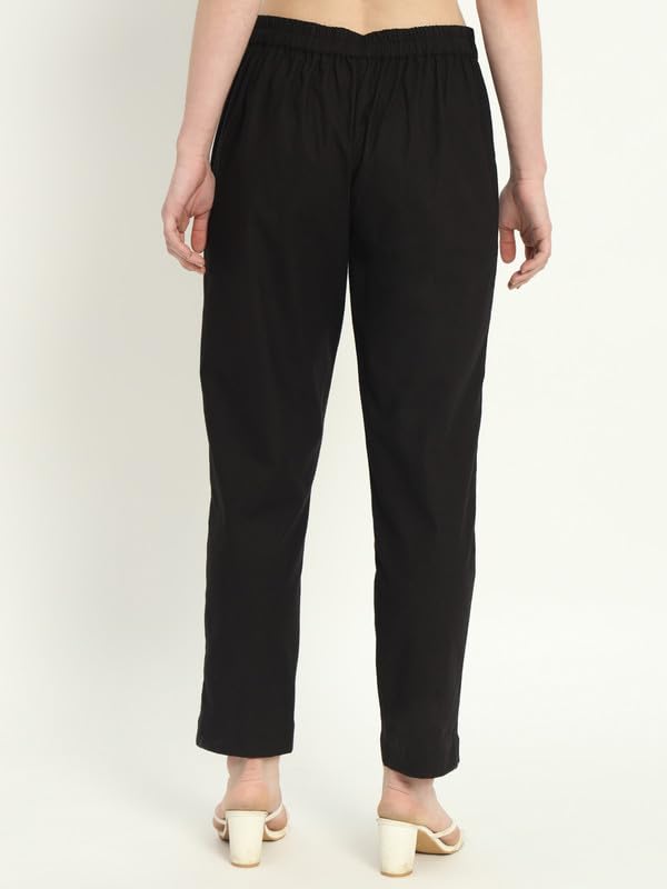 Image of Women's Solid Straight Fit 100% Cotton Trousers | High Waist, Side Pockets, Ankle Length Pants for Office, Casual
