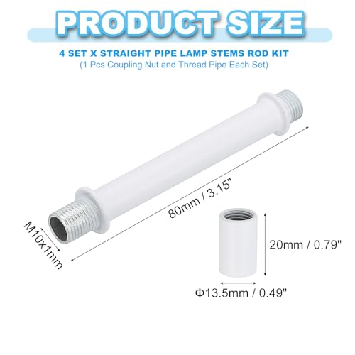Image of PATIKIL Straight Pipe Lamp Stems Rod Kit, 4Set M10 Carbon Steel 80mm(3.15 inch) Long Double End Thread Rod with Coupling Nuts Sleeve Connector for Table Lamps Chandeliers, White